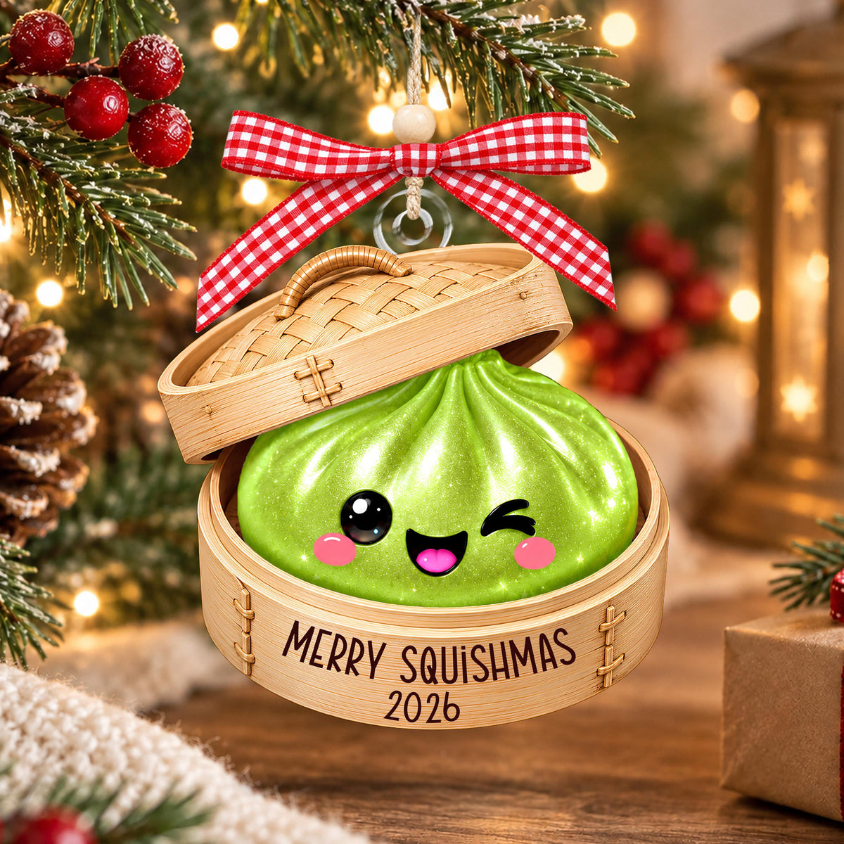A green squishmas ornament with a smiling face and a red bow, hanging on a Christmas tree.