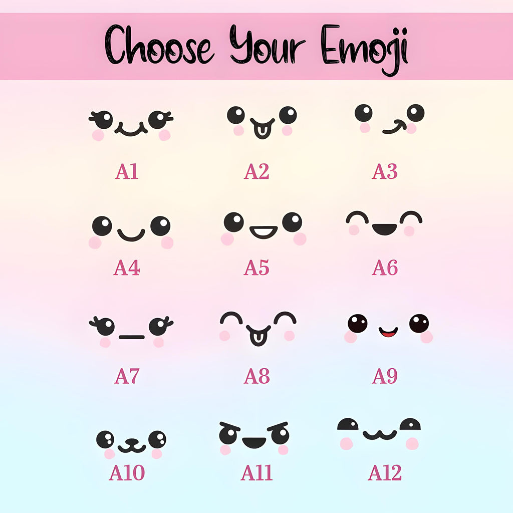 May include: A chart titled Choose Your Emoji featuring twelve distinct black and white kawaii-style facial expressions labeled A1 through A12. Each face includes simple eyes, a mouth, and small pink circular cheeks on a soft pastel gradient background.