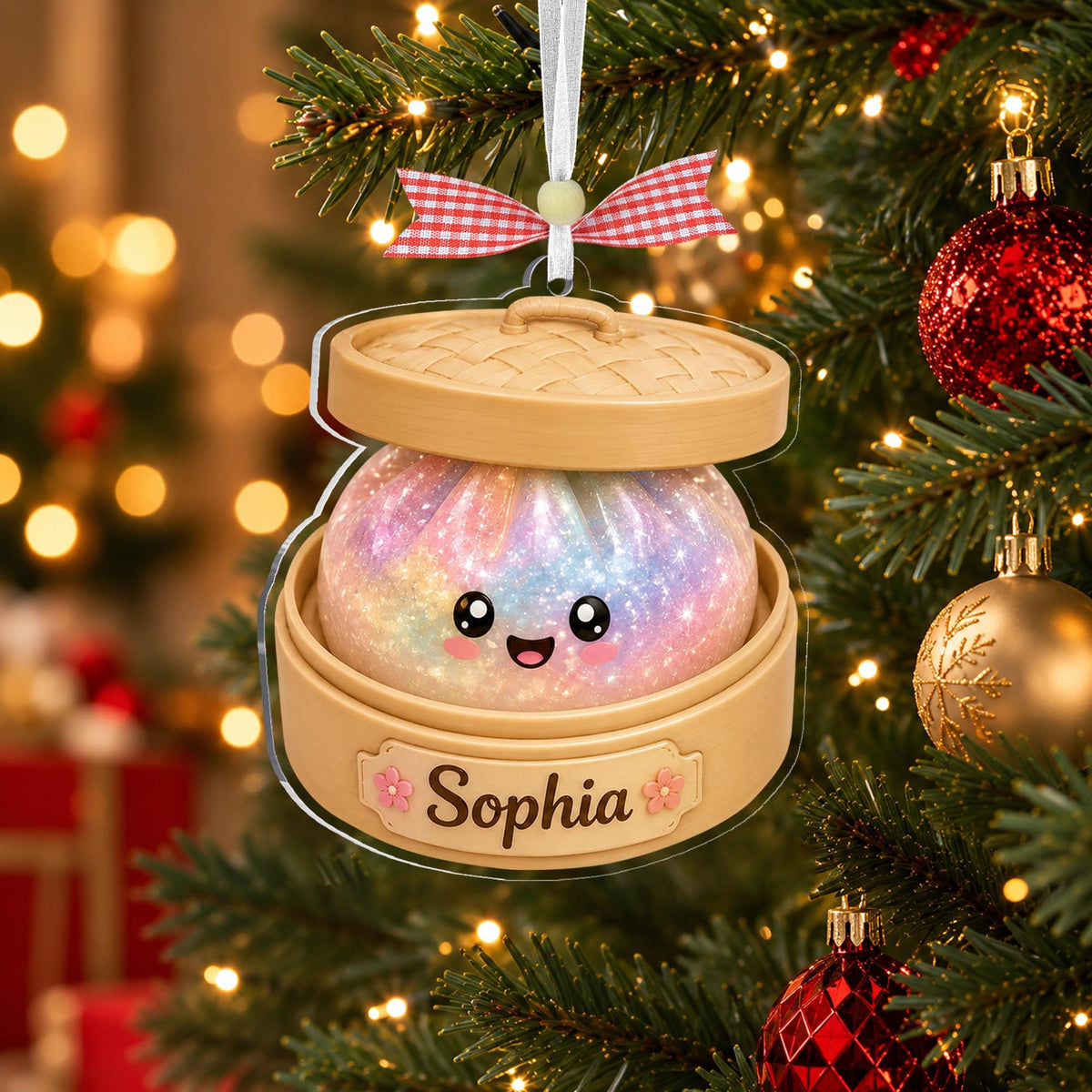 May include: A Christmas tree ornament shaped like a bamboo steamer basket containing a round, iridescent, glittery dumpling with a smiling face. The base features the name Sophia in black script, flanked by two small pink flowers and a red gingham bow.
