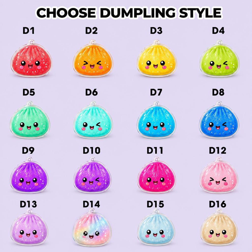 May include: A collection of sixteen glittery, translucent dumpling-shaped charms labeled D1 through D16, each featuring a unique color and a printed smiling face. The text CHOOSE DUMPLING STYLE is displayed at the top of this grid of small items.
