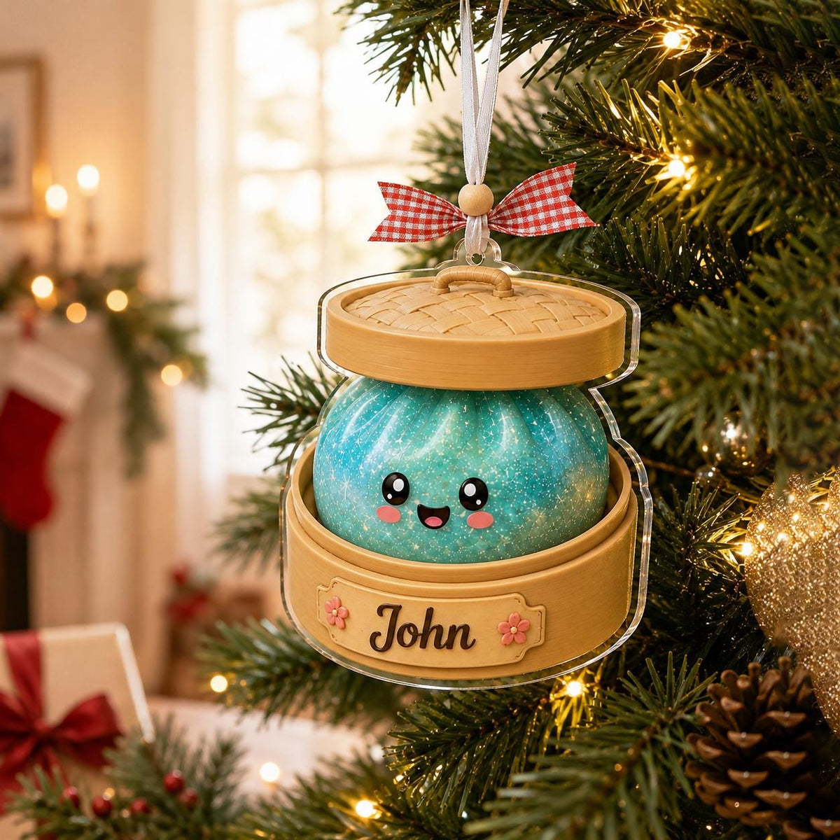 May include: A hanging Christmas tree ornament shaped like a bamboo steamer basket containing a teal, glittery, smiling dumpling character. The base features a beige label with the name John printed in black script, flanked by two small pink flowers.