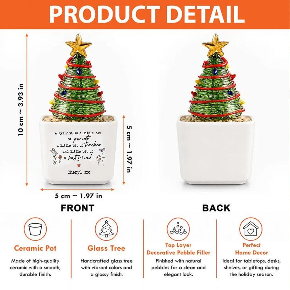 May include: A miniature Christmas tree made of green wire with red garland and colorful beads, topped with a gold star. It sits in a white square ceramic pot containing small pebbles. The pot measures 1.97 inches wide and 1.97 inches high.