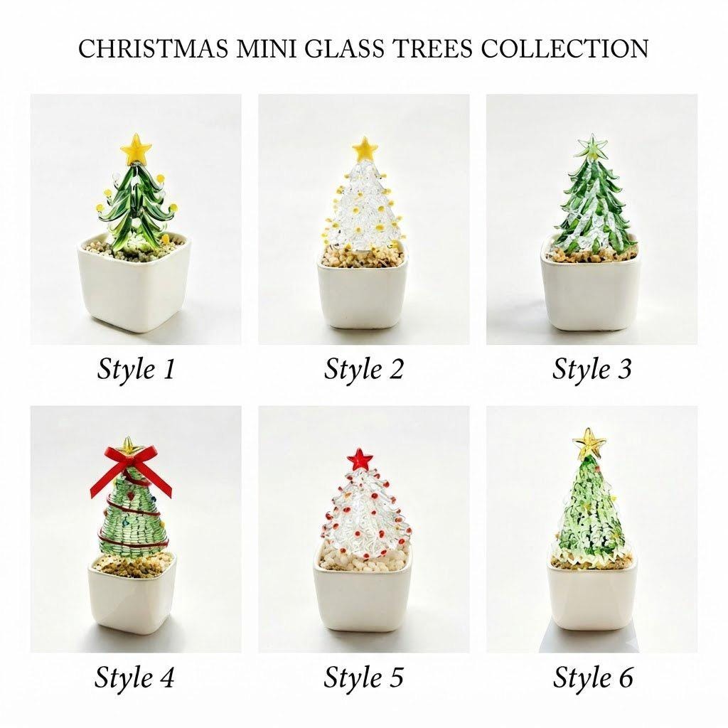 May include: CHRISTMAS MINI GLASS TREES COLLECTION. Six distinct glass Christmas tree figurines in white square pots filled with small stones. Styles include green and clear glass designs with yellow, red, or green star toppers and various bead accents.