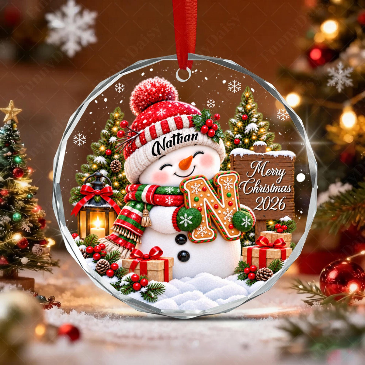 Personalized Kid Name Ornament, Letter Gingerbread with Snowman Keepsake