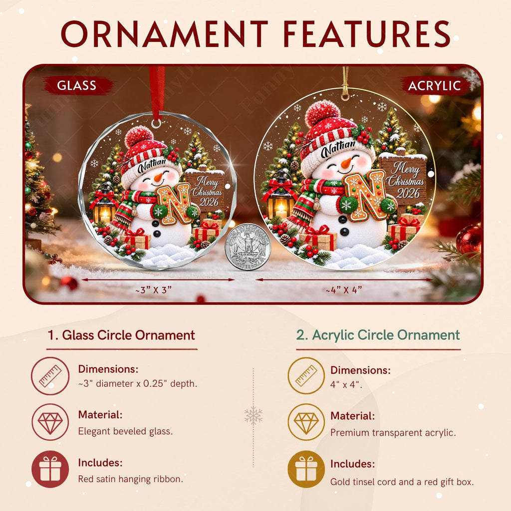 May include: Two circular Christmas ornaments featuring a snowman illustration with the name Nathan, a gingerbread letter N, and the text Merry Christmas 2026. One is beveled glass measuring 3 inches by 3 inches, and one is acrylic measuring 4 inches by 4 inches.