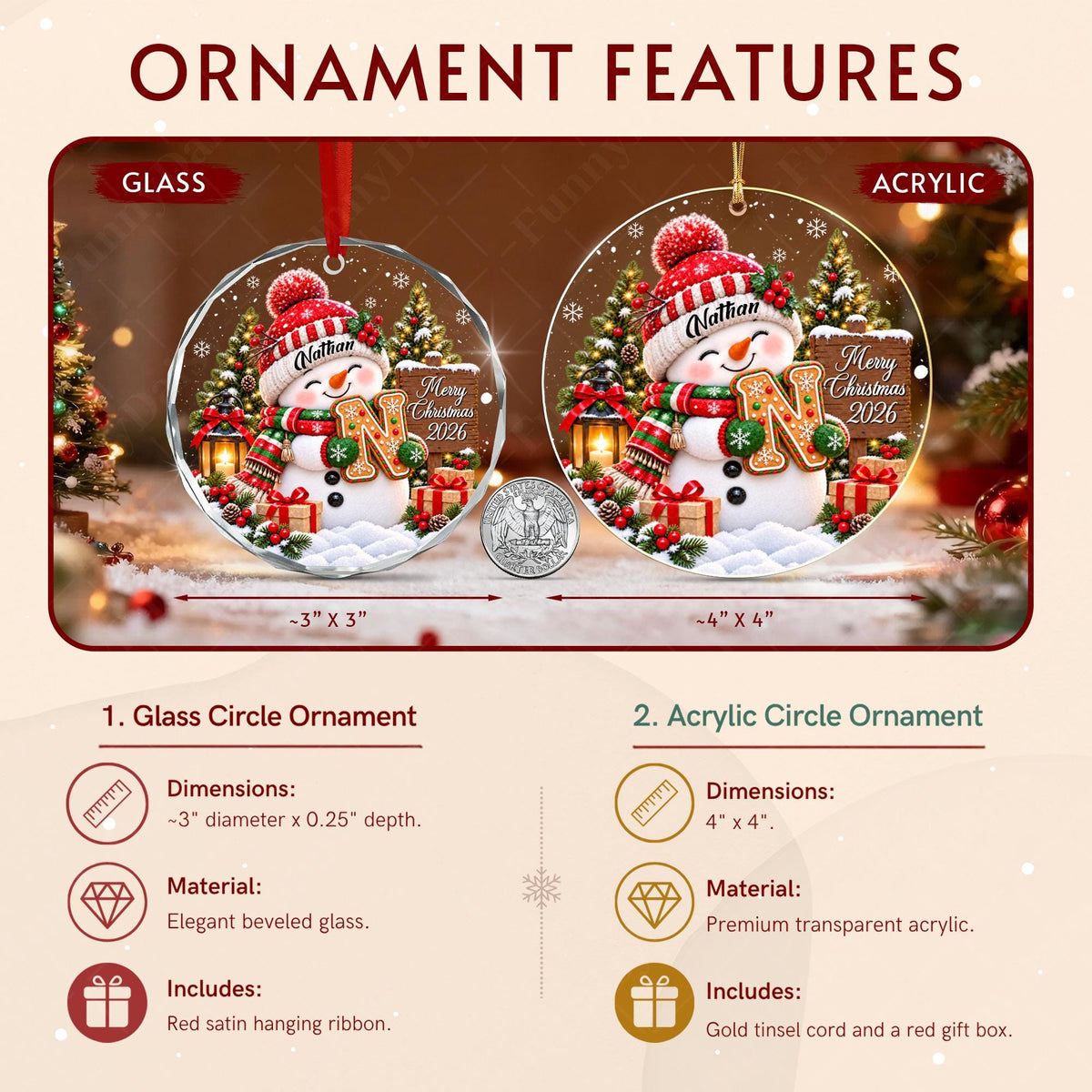 May include: Two circular Christmas ornaments featuring a snowman illustration with the name Nathan, a gingerbread letter N, and the text Merry Christmas 2026. One is beveled glass measuring 3 inches by 3 inches, and one is acrylic measuring 4 inches by 4 inches.
