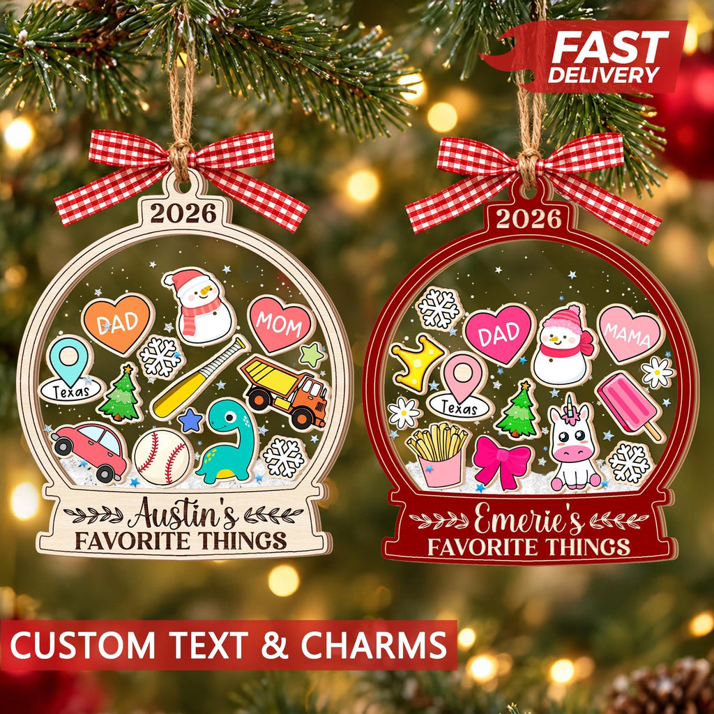 Personalized Kids Favorite Things Shaker Ornament: Custom Kids Name Ornament, Hobbies Ornament For Kids, Baby Shower Gift