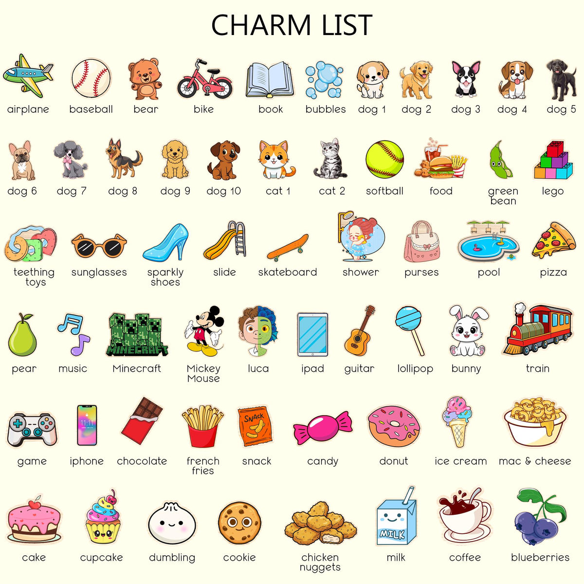 May include: A charm list featuring a grid of colorful cartoon icons including an airplane, baseball, bear, bike, book, bubbles, various dogs, cats, sports equipment, food items, toys, and characters with their corresponding labels printed below each image.