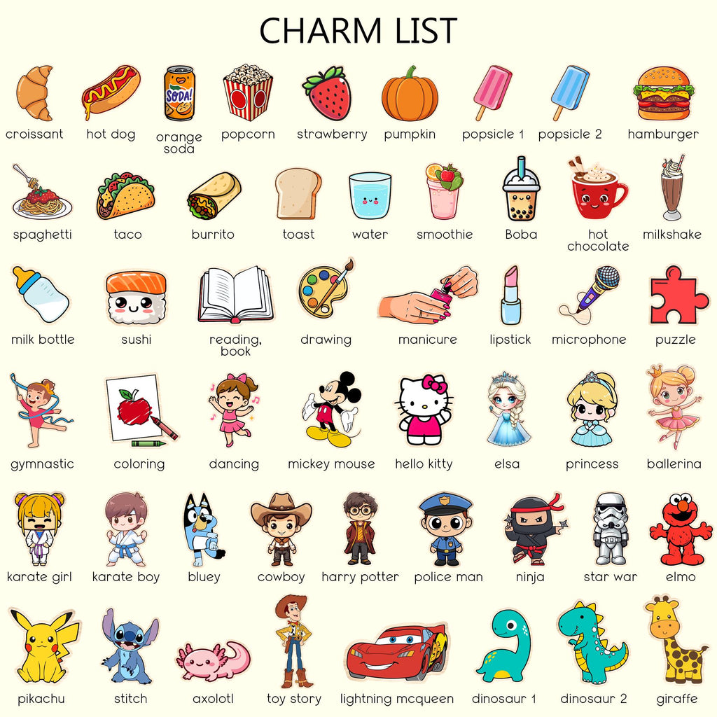 May include: A charm list featuring a grid of colorful cartoon illustrations including food items like a croissant, hot dog, and hamburger, alongside various characters, activities, and objects, each labeled with its corresponding name in English text.
