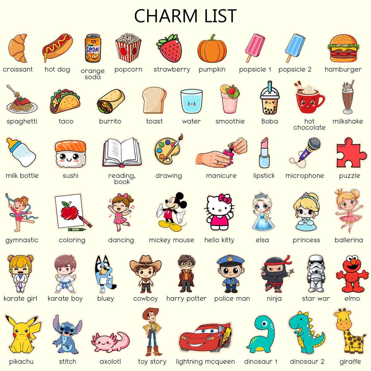 May include: A charm list featuring a grid of colorful cartoon illustrations including food items like a croissant, hot dog, and hamburger, alongside various characters, activities, and objects, each labeled with its corresponding name in English text.