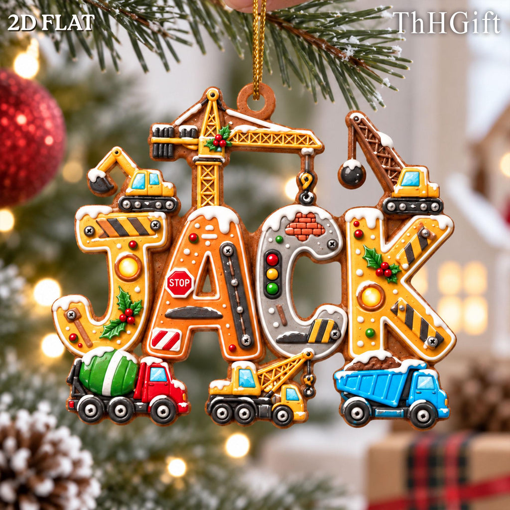 May include: A decorative hanging ornament shaped like the name JACK, featuring construction-themed letters with yellow cranes, a red stop sign, a traffic light, a green cement mixer truck, a yellow excavator, and a blue dump truck with snow accents.