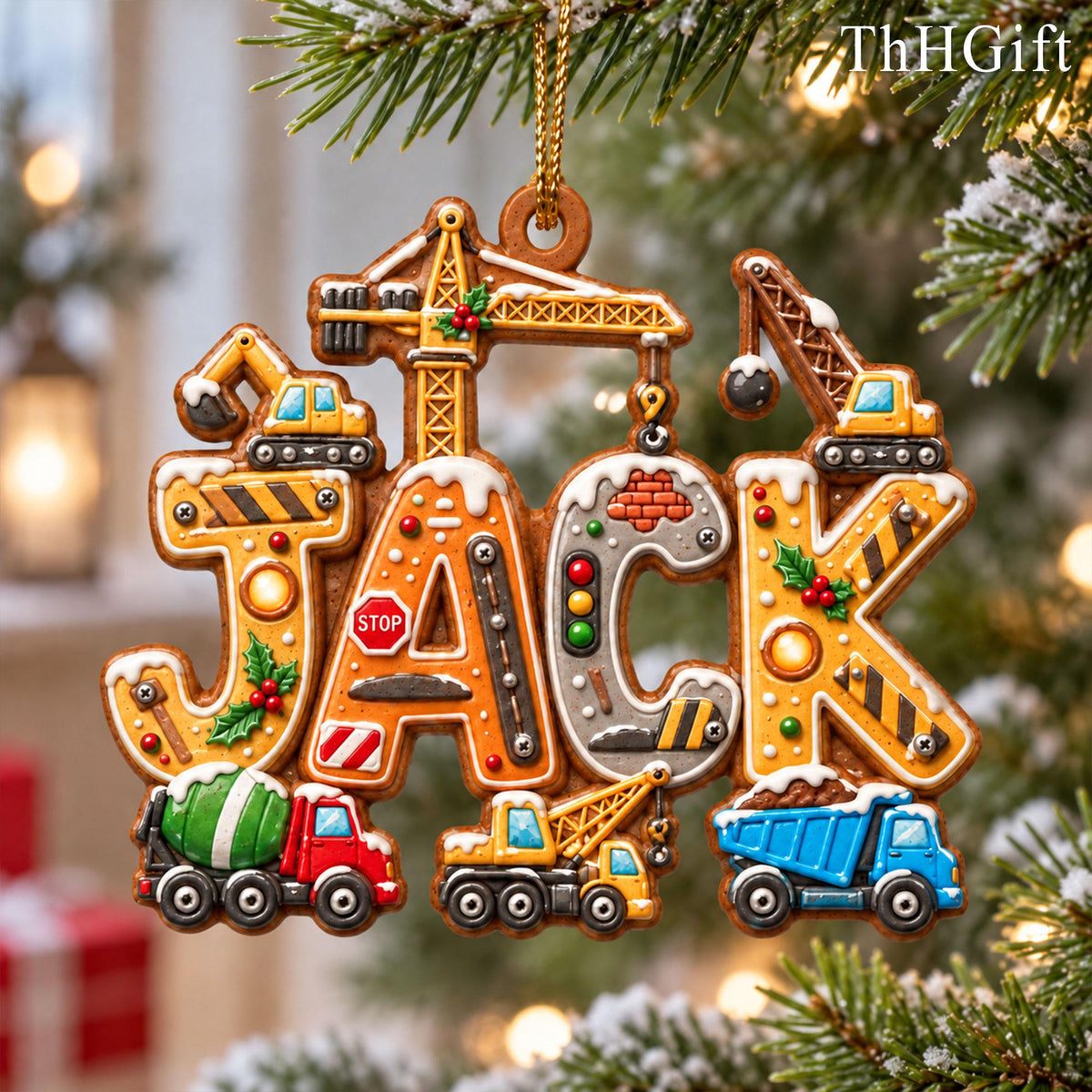 May include: A hanging ornament shaped like the name JACK, featuring construction-themed letters with yellow cranes, a red cement mixer, a yellow excavator, a blue dump truck, a stop sign, and a traffic light, all accented with white snow.