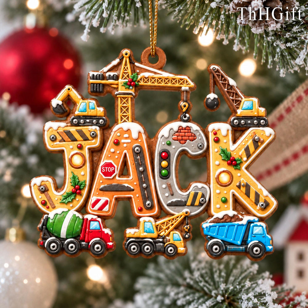 May include: A decorative hanging ornament spelling the name JACK, designed with construction-themed letters featuring yellow and orange caution stripes, a red stop sign, traffic lights, and miniature construction vehicles including a crane, cement mixer, and dump truck.