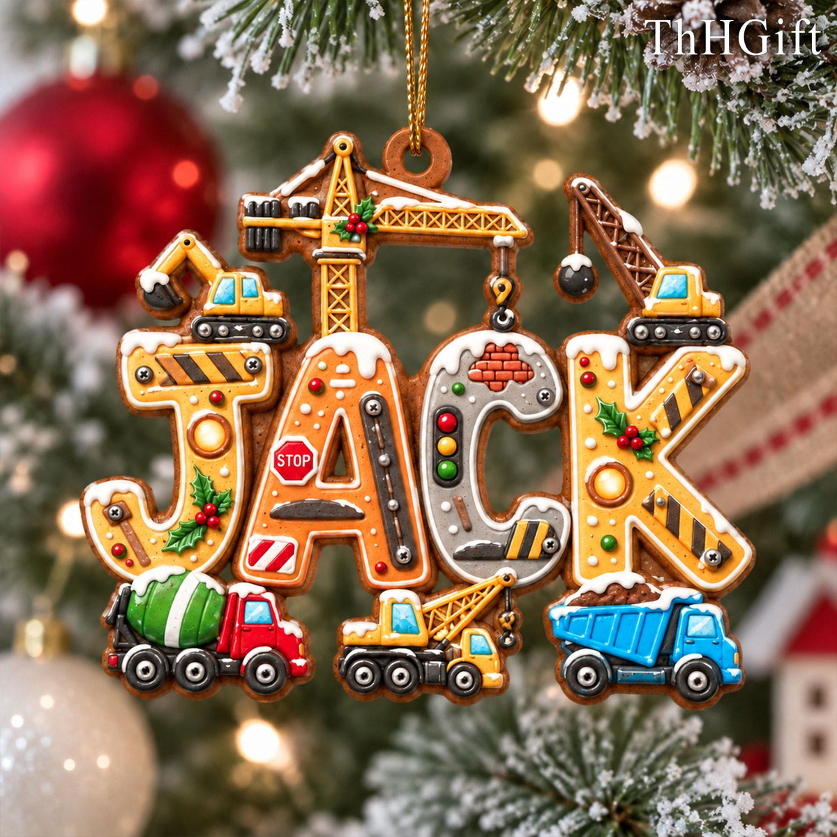 May include: A decorative hanging ornament spelling the name JACK, designed with construction-themed letters featuring yellow and orange caution stripes, a red stop sign, traffic lights, and miniature construction vehicles including a crane, cement mixer, and dump truck.