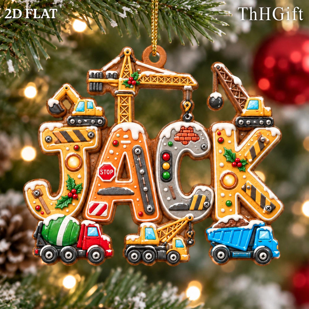 May include: A decorative hanging ornament shaped like the name JACK, featuring construction vehicles, a crane, and traffic signs. The letters are yellow and gray with snow-like accents, holly leaves, and a gold string for hanging on a tree.