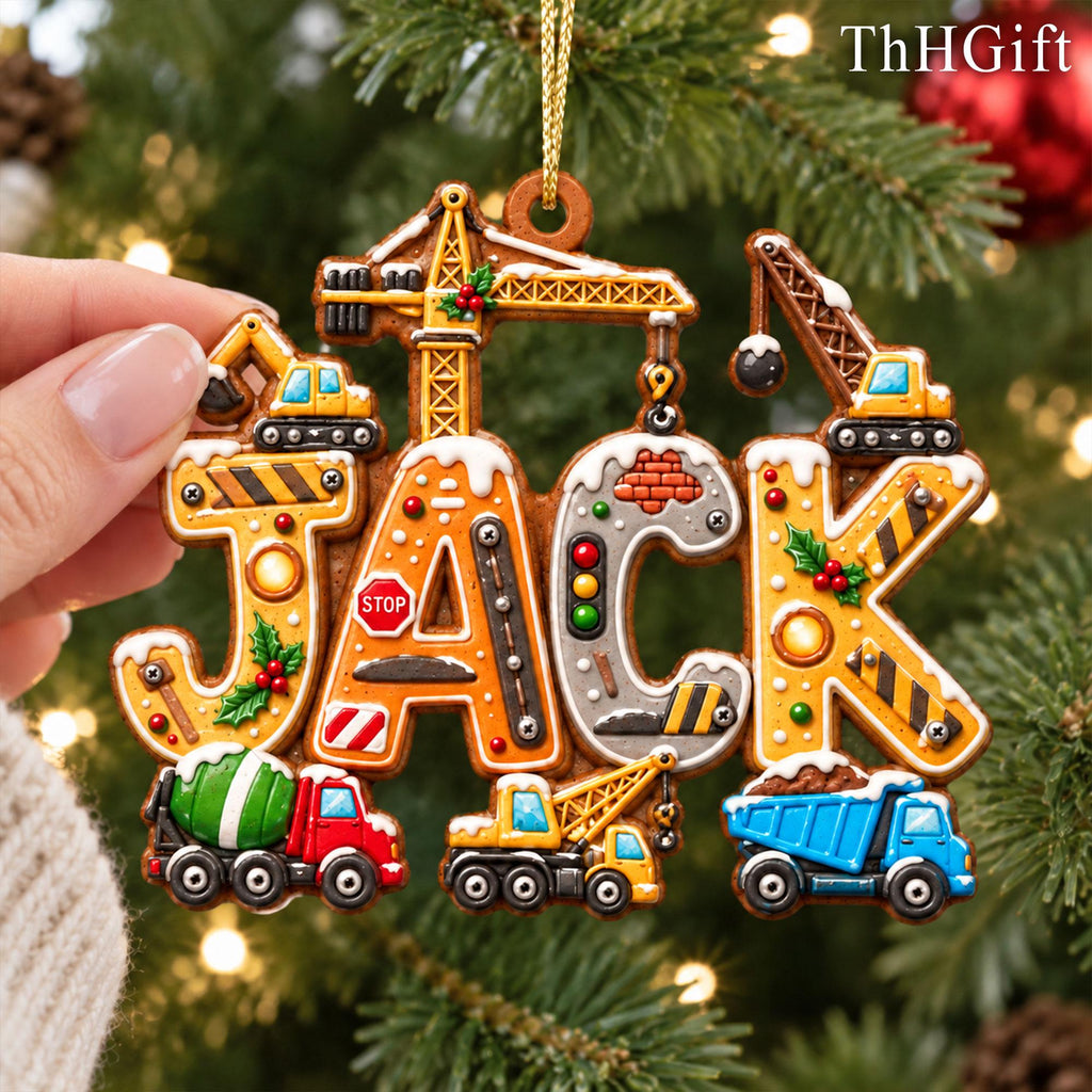 May include: A decorative hanging ornament spelling the name JACK, featuring construction-themed letters with yellow and black hazard stripes, a stop sign, a traffic light, and various construction vehicles including a crane, mixer, and dump truck.