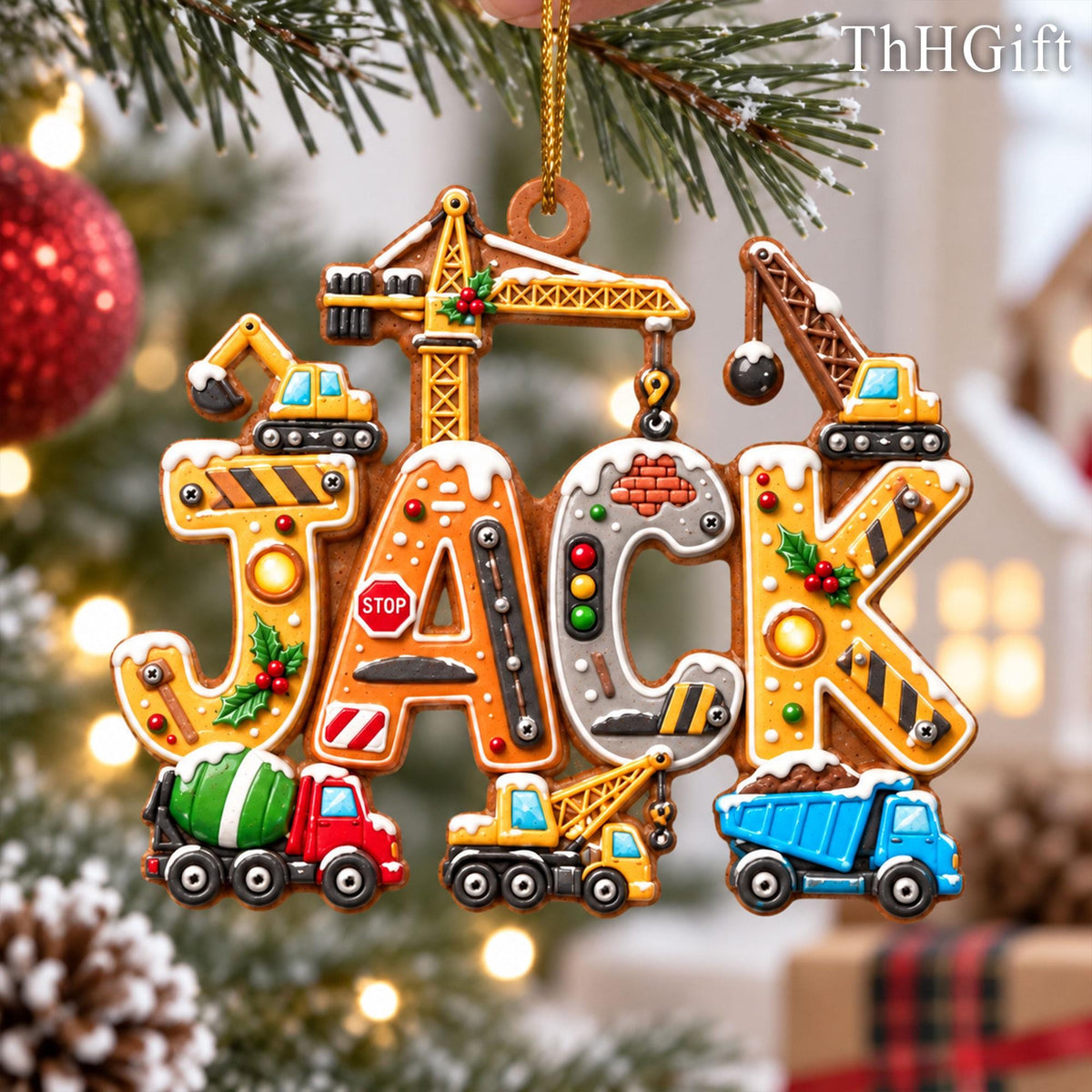 May include: A personalized Christmas ornament shaped like the name JACK, featuring construction vehicles, a crane, a stop sign, and traffic lights. The letters are decorated with snow, holly, and industrial patterns in yellow, red, and blue.