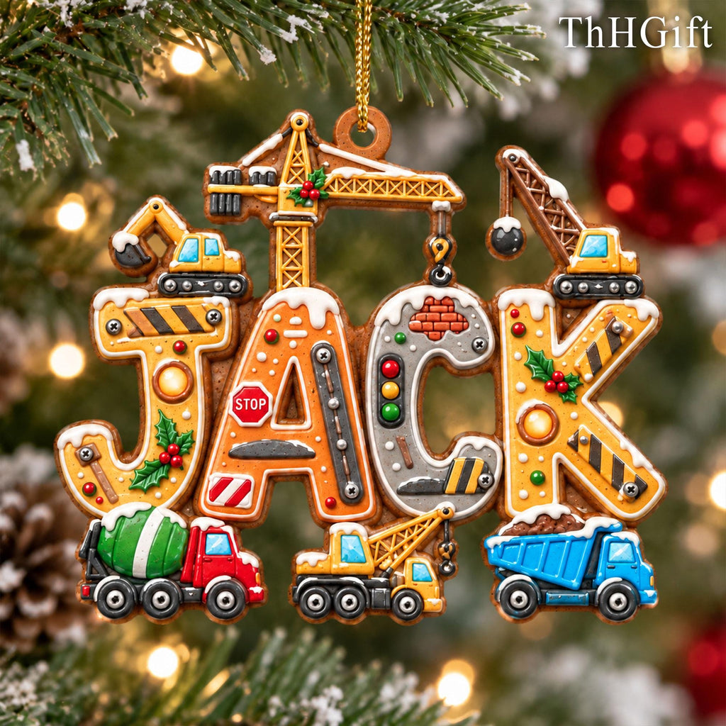 May include: A decorative Christmas ornament shaped like the name JACK, featuring construction vehicles, a crane, and a stop sign. The letters are decorated with snow, holly, and industrial patterns, with a red cement mixer, yellow crane, and blue dump truck.