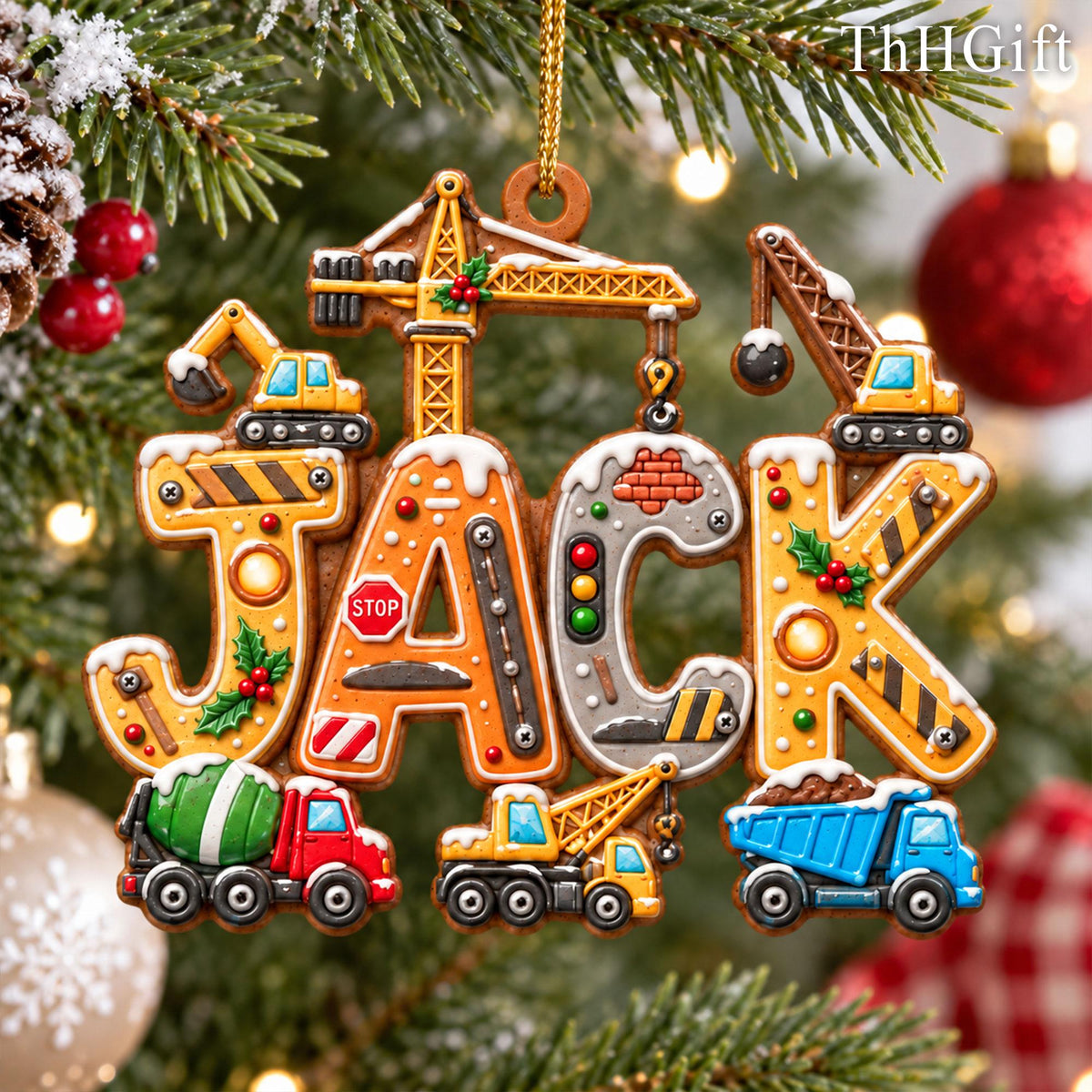 May include: A decorative Christmas ornament shaped like the name JACK, featuring construction-themed elements including a crane, a stop sign, a traffic light, a cement mixer, an excavator, and a dump truck, all accented with snow and holly.
