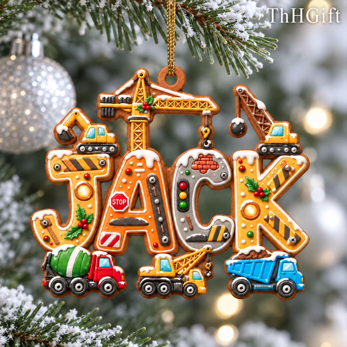 May include: A Christmas tree ornament shaped like the name JACK, featuring construction-themed details including a yellow crane, a red cement mixer, a yellow excavator, and a blue dump truck, with snow-dusted letters and holiday holly accents.