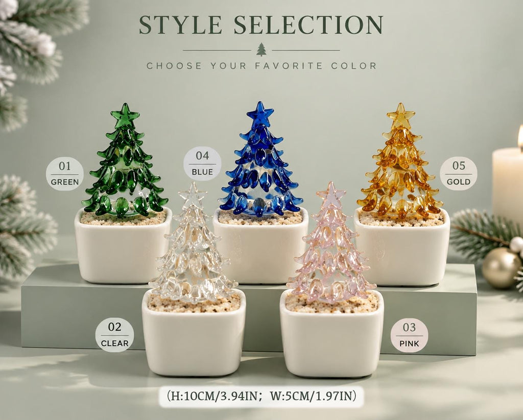 May include: Five glass Christmas tree ornaments in white square pots with beige gravel. Colors include green, clear, blue, pink, and gold. Each tree is topped with a star. Text reads STYLE SELECTION, CHOOSE YOUR FAVORITE COLOR, and H:10CM/3.94IN; W:5CM/1.97IN.