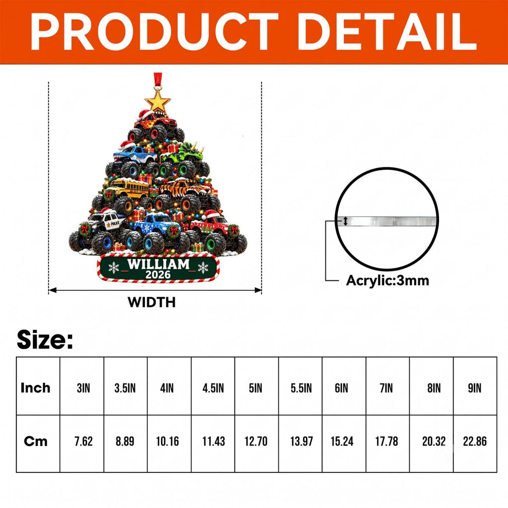 May include: A Christmas tree-shaped ornament constructed from stacked monster trucks, featuring a gold star topper and a base plaque with the text WILLIAM 2026. The acrylic material is 3mm thick, with available widths ranging from 3 to 9 inches.
