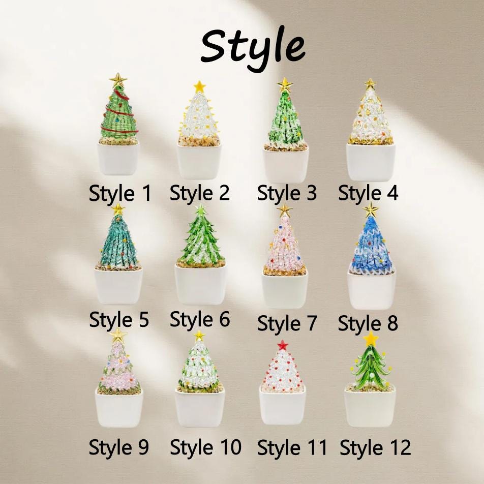 May include: A collection of twelve miniature Christmas tree figurines in white square pots, labeled Style 1 through Style 12. Each tree features unique colors, textures, and a gold or red star topper, arranged in a grid with the word Style above.