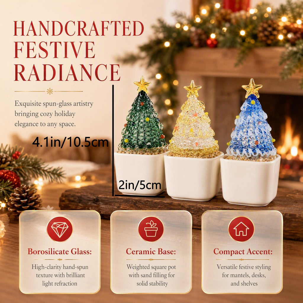 May include: Three spun-glass Christmas tree ornaments in white square ceramic pots. Each tree is topped with a gold star and measures 4.1 inches tall by 2 inches wide. The trees are green, gold, and blue with colorful glass accents.