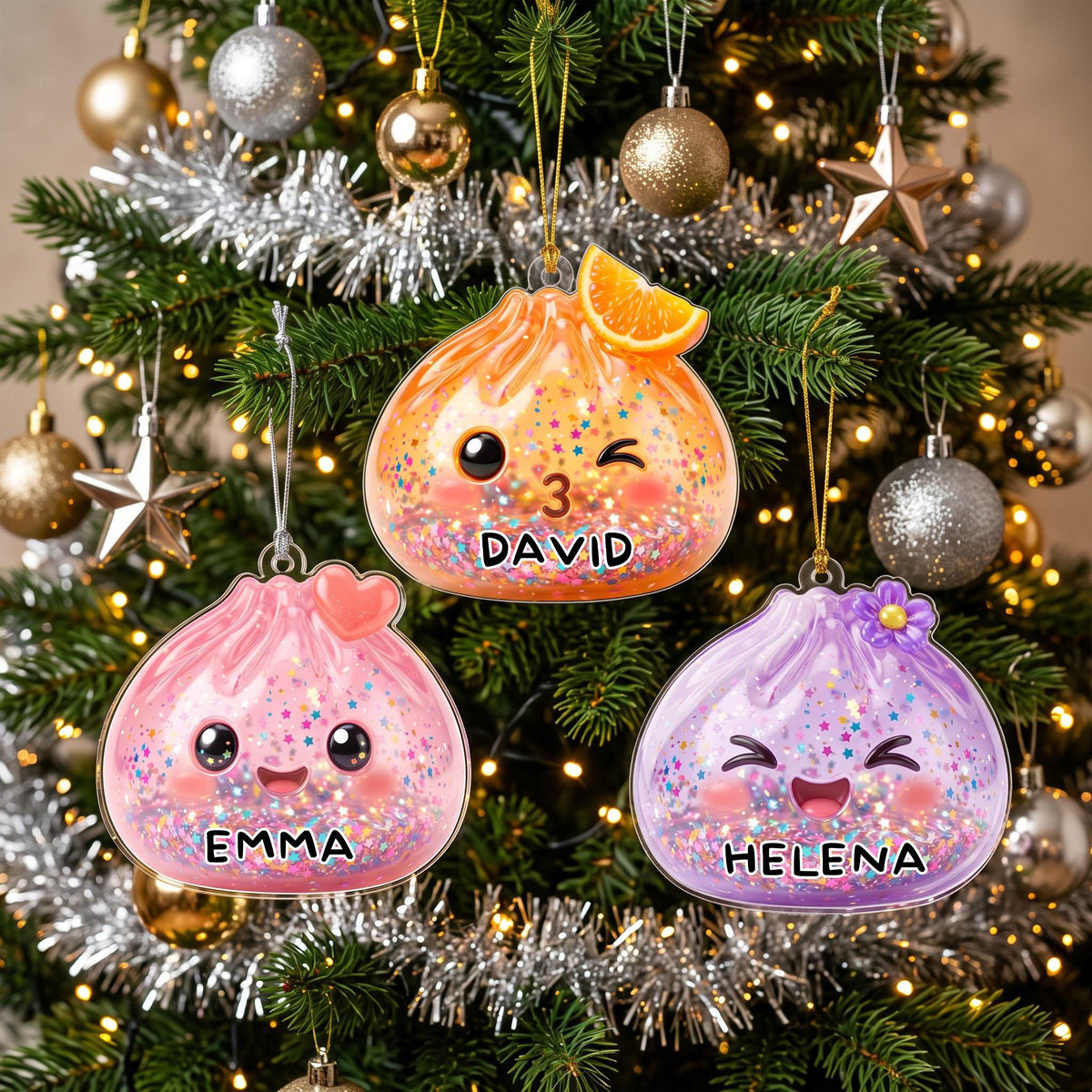 Personalized Name Glitter Dumpling Ornament, Cute Kawaii Christmas Tree Decor, Cute Squishy Dumpling Lover Gift, Year Of Squishy Ornament