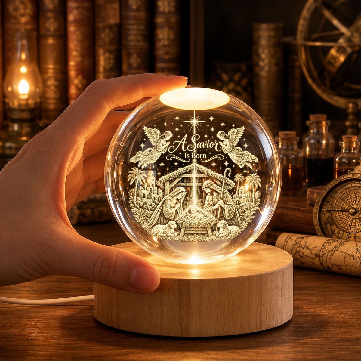 May include: A clear glass sphere lamp featuring an etched nativity scene with the text A Savior Is Born, two angels, and a star. The sphere rests on a round, light-colored wooden base that illuminates the glass from below with a warm glow.