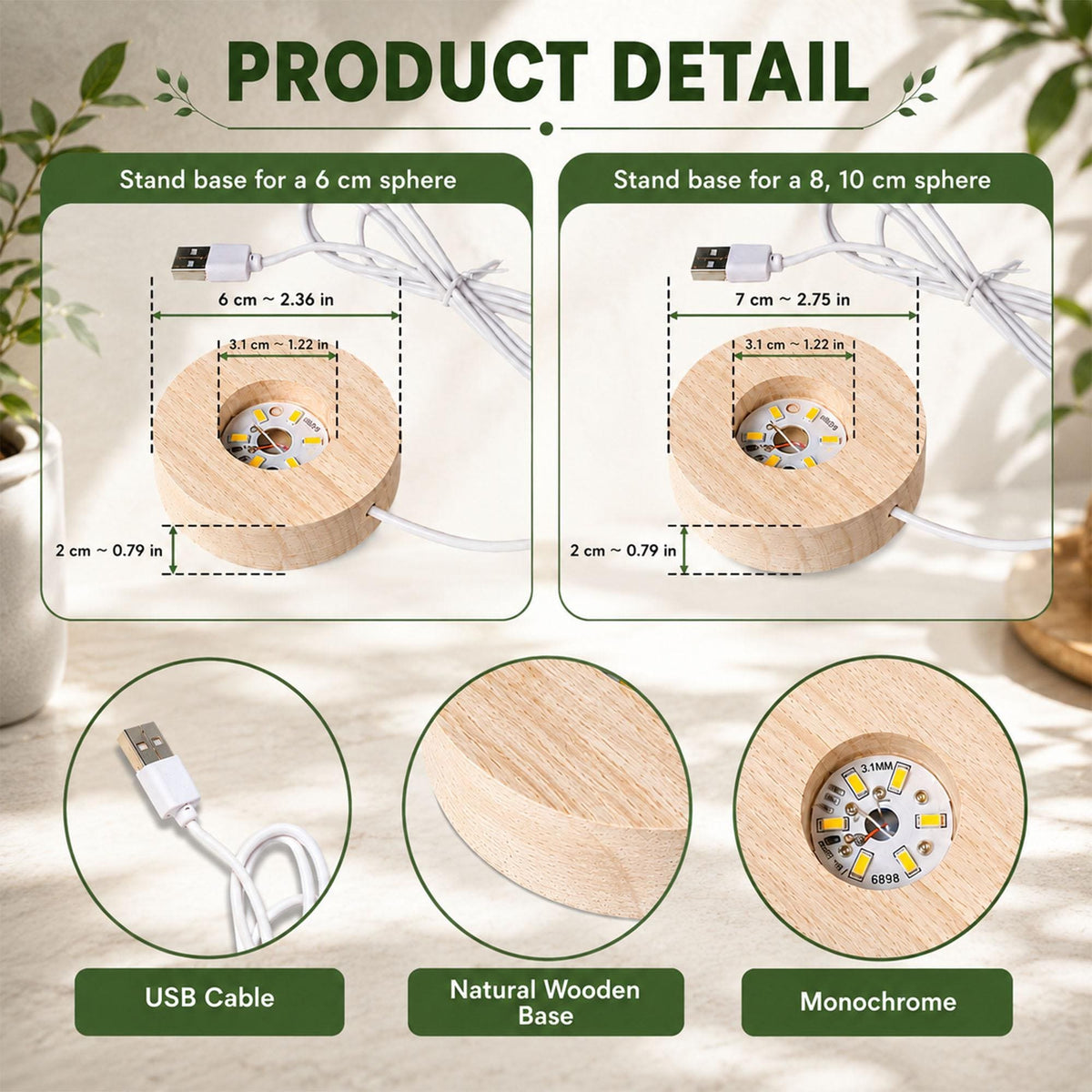 May include: Two round light-colored wooden display bases with integrated LED lights and white USB cables. The bases feature circular cutouts for spheres. Diagrams show dimensions of 6 cm (2.36 in) and 7 cm (2.75 in) diameters, with a 2 cm (0.79 in) height.