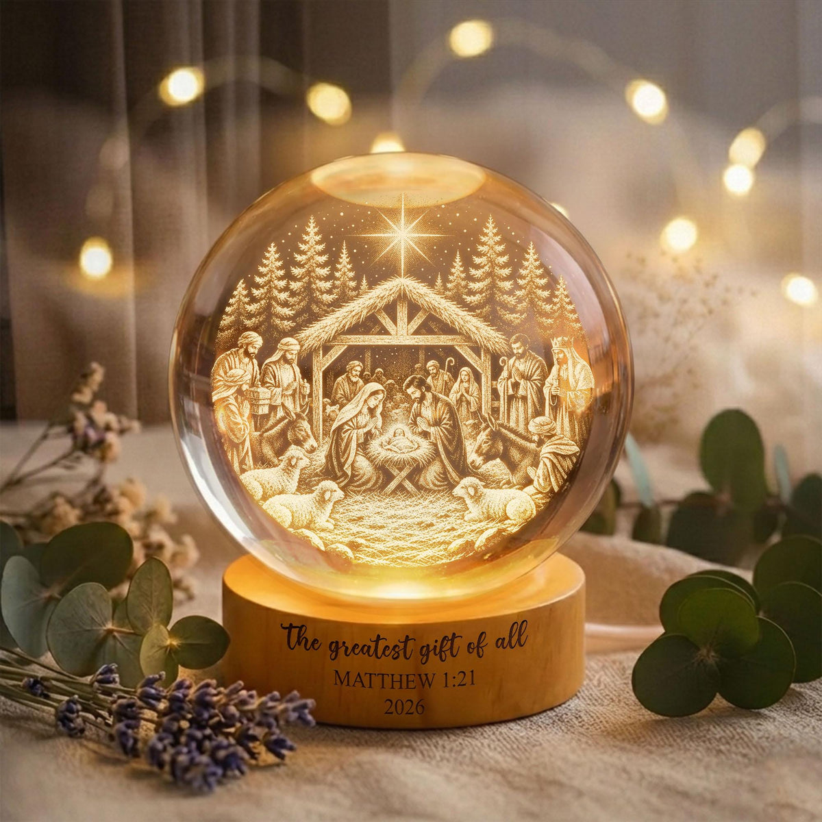 May include: A spherical glass ornament featuring an internal laser-etched nativity scene with a star above a stable, resting on a circular wooden base. The base is engraved with the text: The greatest gift of all, MATTHEW 1:21, 2026.