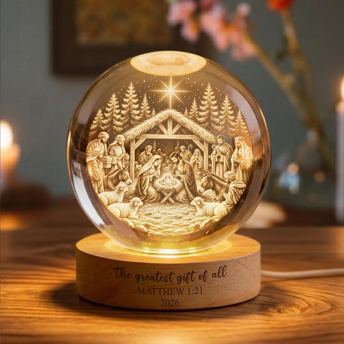 May include: A clear glass sphere featuring an internal 3D laser-etched nativity scene with a star above a stable. The sphere rests on a round wooden base engraved with the text "The greatest gift of all", "MATTHEW 1:21", and "2026".