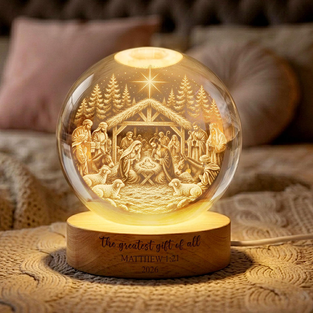 May include: A spherical glass night light featuring an etched nativity scene with a star, stable, and figures. The light sits on a round wooden base engraved with the text: The greatest gift of all, MATTHEW 1:21, 2026. It emits a warm, golden glow.