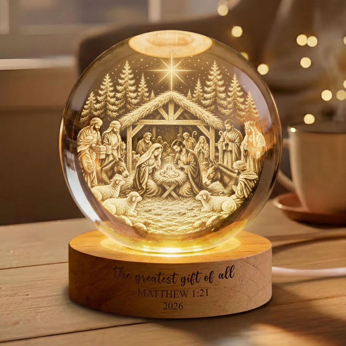 May include: A spherical glass night light featuring an internal 3D laser-etched nativity scene with a star above a stable. The light sits on a round wooden base engraved with the text The greatest gift of all - MATTHEW 1:21 2026.