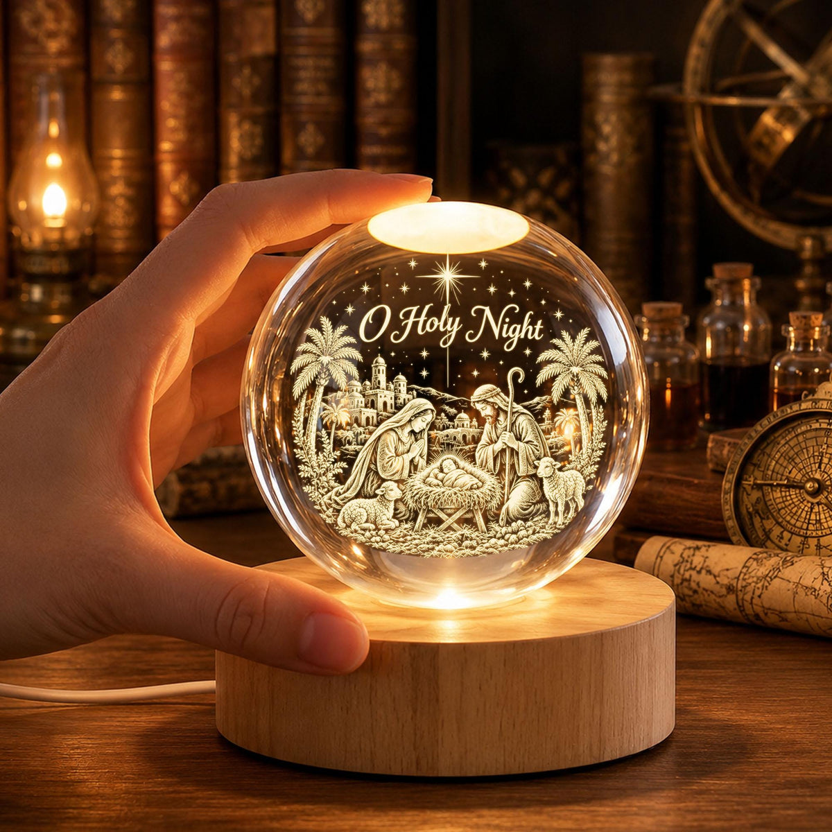 May include: A clear glass sphere lamp featuring an internal 3D laser-etched nativity scene with the text O Holy Night. The sphere sits on a round, light-colored wooden base that illuminates the scene from below, highlighting the figures.