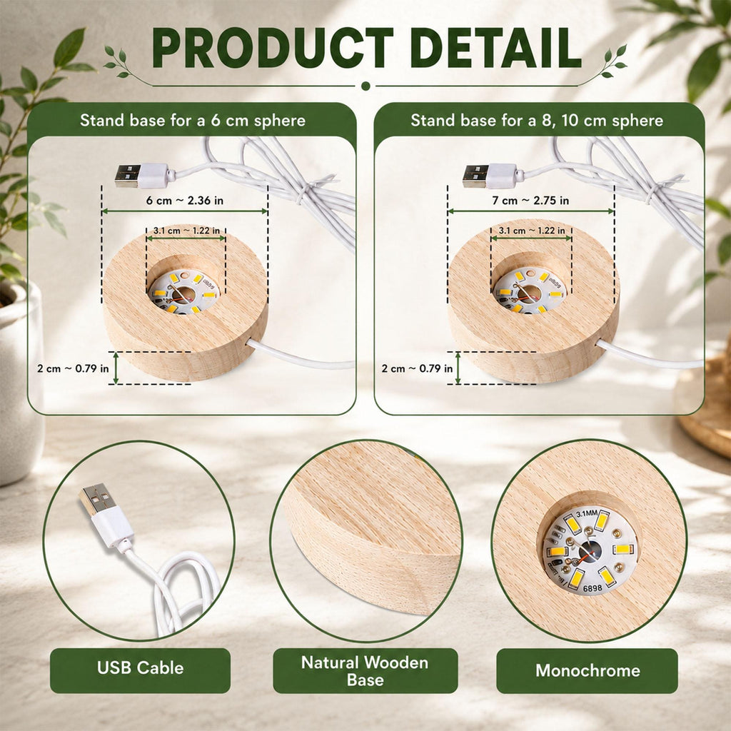 May include: Two round light-colored wooden display bases with integrated LED lights and white USB cables. The bases feature circular cutouts for spheres. Diagrams show dimensions of 6 cm (2.36 in) and 7 cm (2.75 in) diameters, with a 2 cm (0.79 in) height.