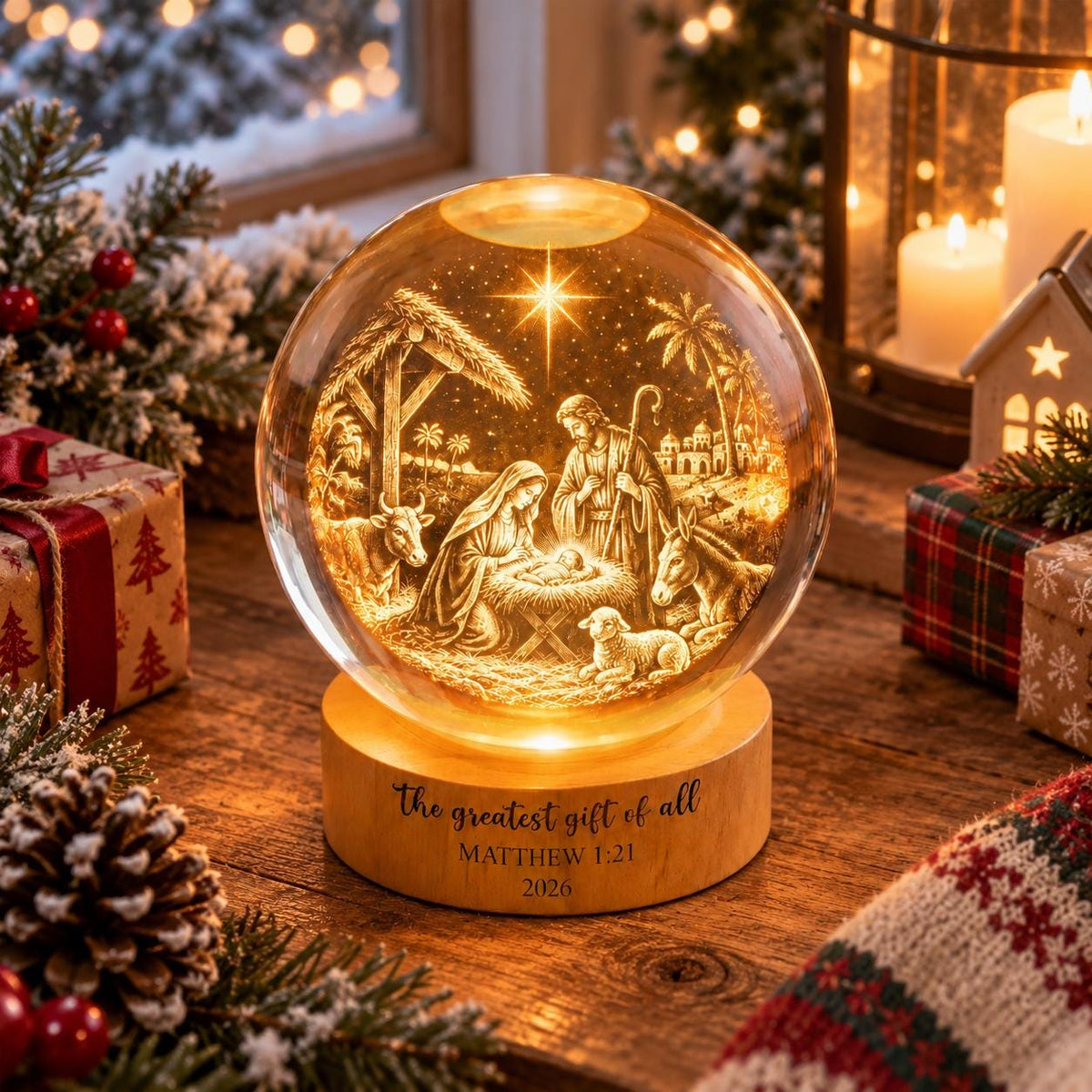 May include: A spherical glass ornament featuring an illuminated 3D nativity scene with figures of Mary, Joseph, and the infant Jesus. The wooden base is engraved with the text: the greatest gift of all, MATTHEW 1:21, 2026.