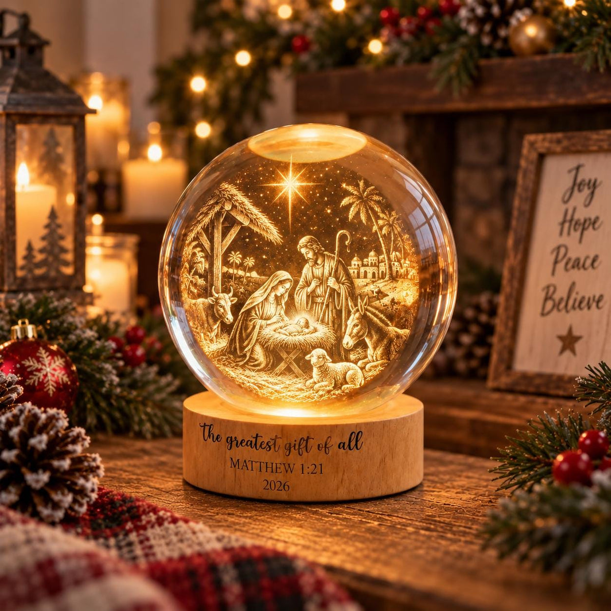 May include: A spherical glass snow globe featuring an illuminated nativity scene with figures of Mary, Joseph, and the infant Jesus. The wooden base is engraved with the text 'the greatest gift of all', 'MATTHEW 1:21', and the year '2026'.
