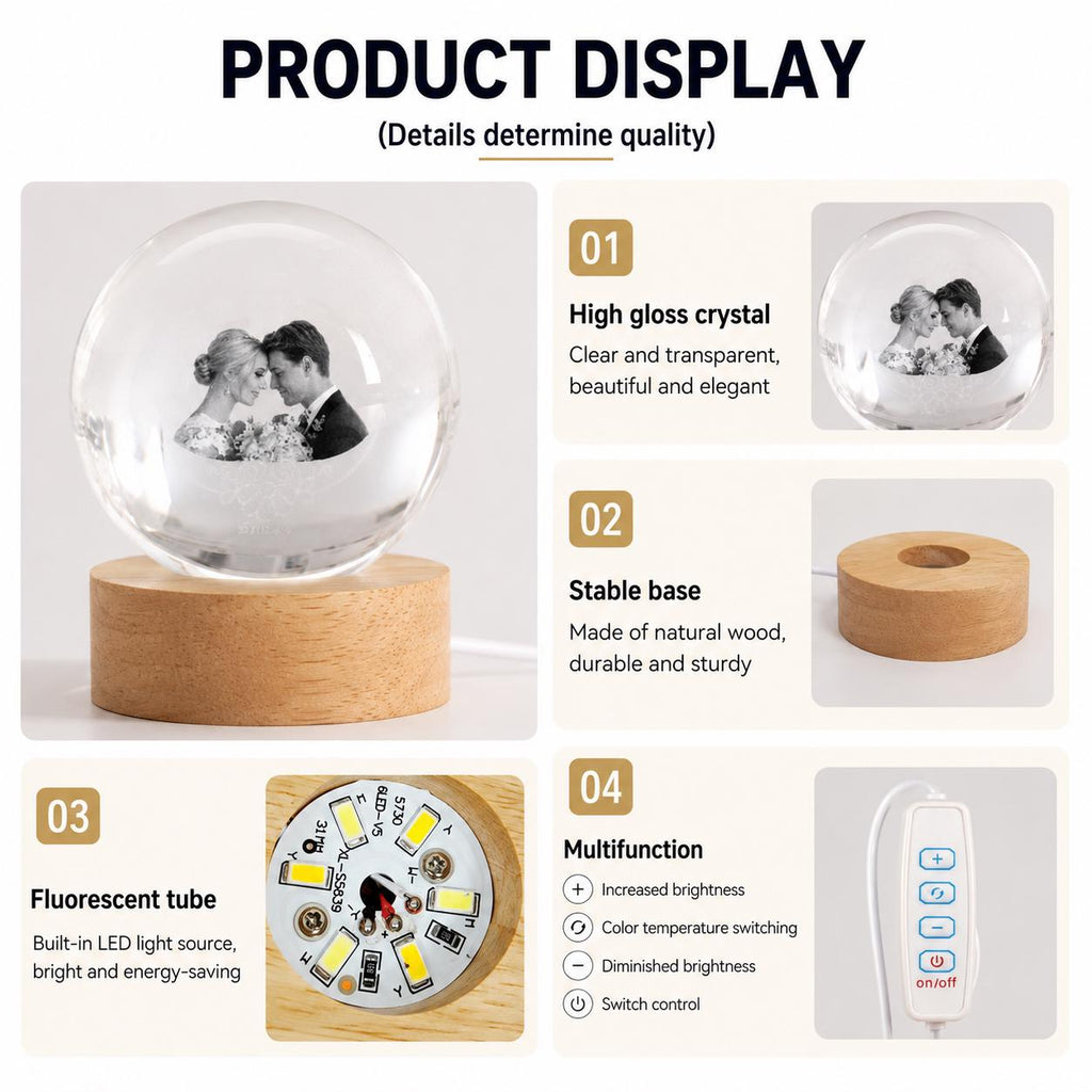 May include: A clear crystal sphere featuring a laser-etched image of a couple, mounted on a round light-colored wooden base. The product includes an internal LED light source and a white wired remote control with buttons for brightness and power.