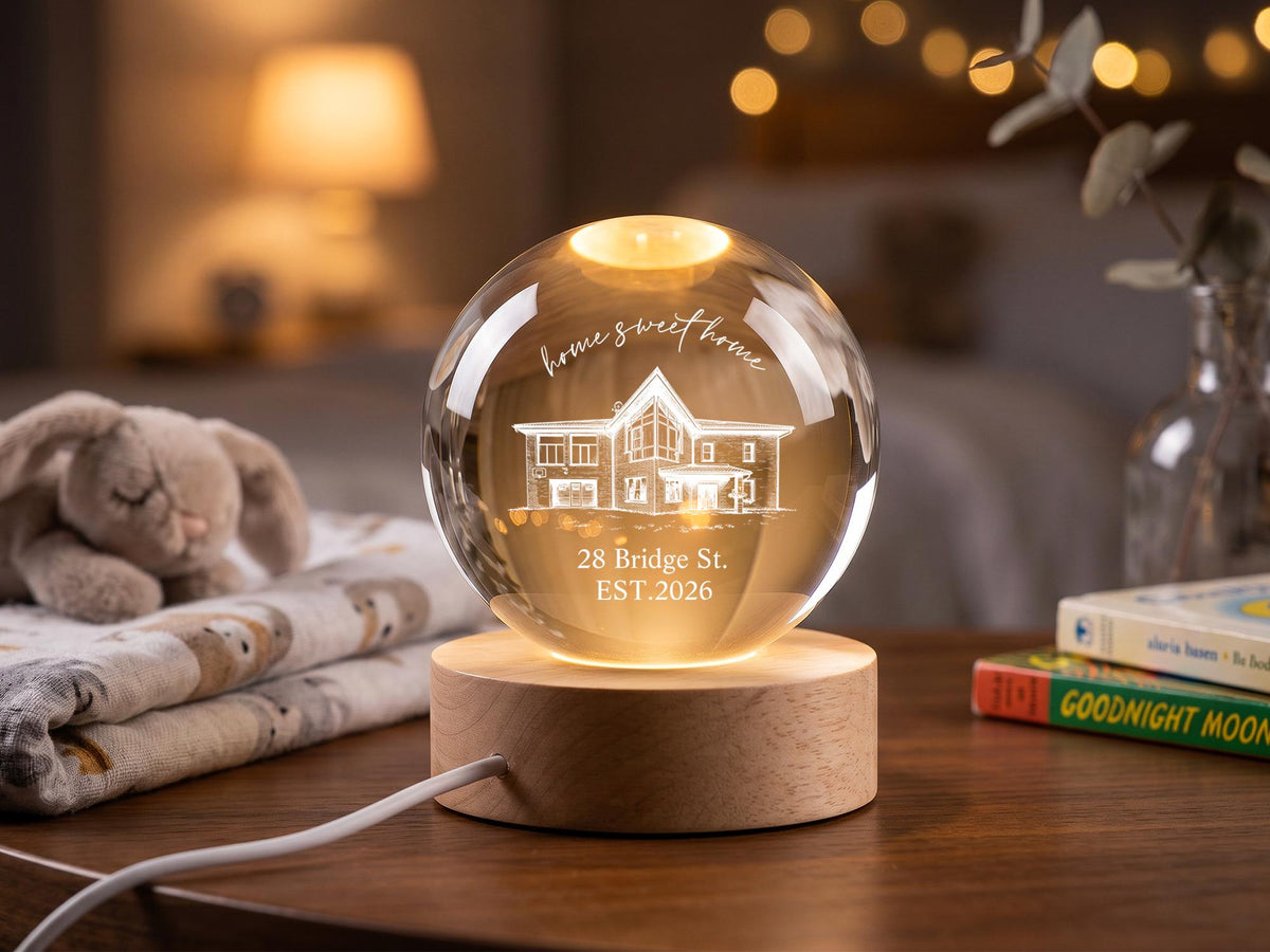 Personalized New Home Crystal Ball Lamp, Custom House Portrait Night Light, Sweet Home Gift, Realtor Closing Gift, Housewarming Keepsake