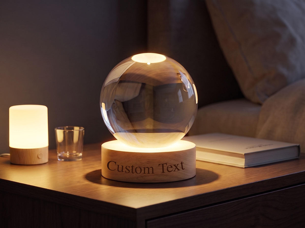 May include: A clear glass sphere lamp resting on a circular light-colored wooden base. The base features the engraved words Custom Text and emits a warm glow that illuminates the sphere from below, creating a soft light effect in the room.