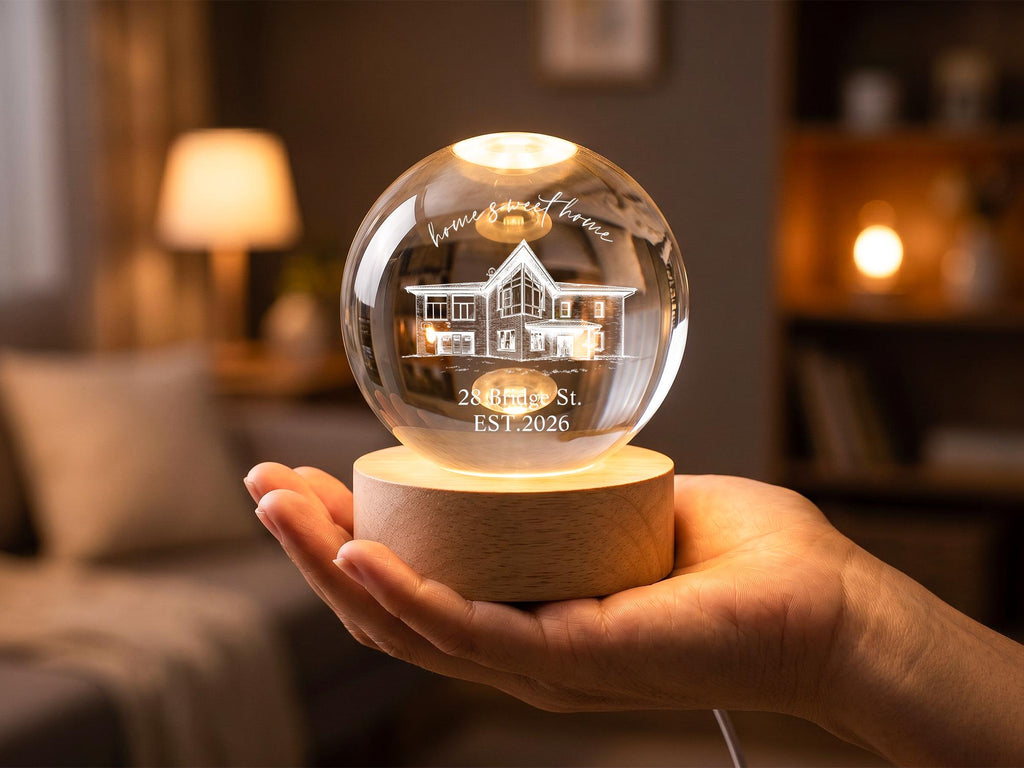 Personalized New Home Crystal Ball Lamp, Custom House Portrait Night Light, Sweet Home Gift, Realtor Closing Gift, Housewarming Keepsake