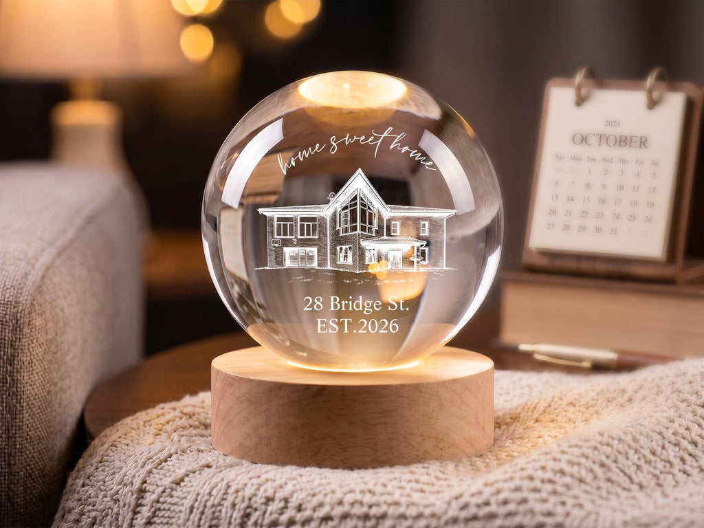 Personalized New Home Crystal Ball Lamp, Custom House Portrait Night Light, Sweet Home Gift, Realtor Closing Gift, Housewarming Keepsake