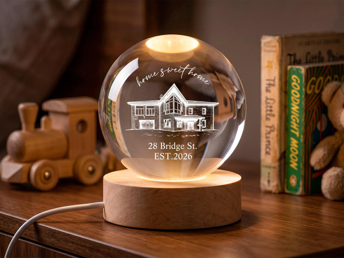 Personalized New Home Crystal Ball Lamp, Custom House Portrait Night Light, Sweet Home Gift, Realtor Closing Gift, Housewarming Keepsake