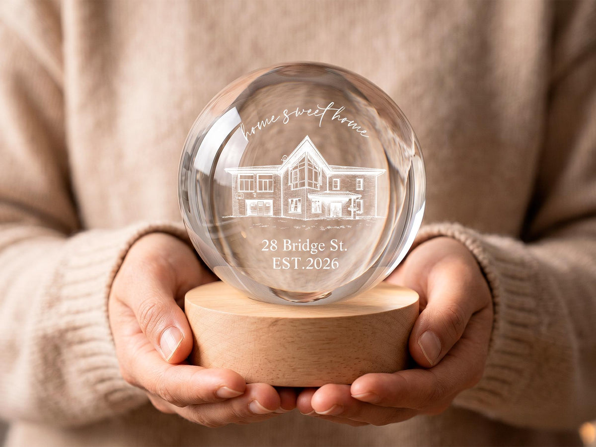 Personalized New Home Crystal Ball Lamp, Custom House Portrait Night Light, Sweet Home Gift, Realtor Closing Gift, Housewarming Keepsake