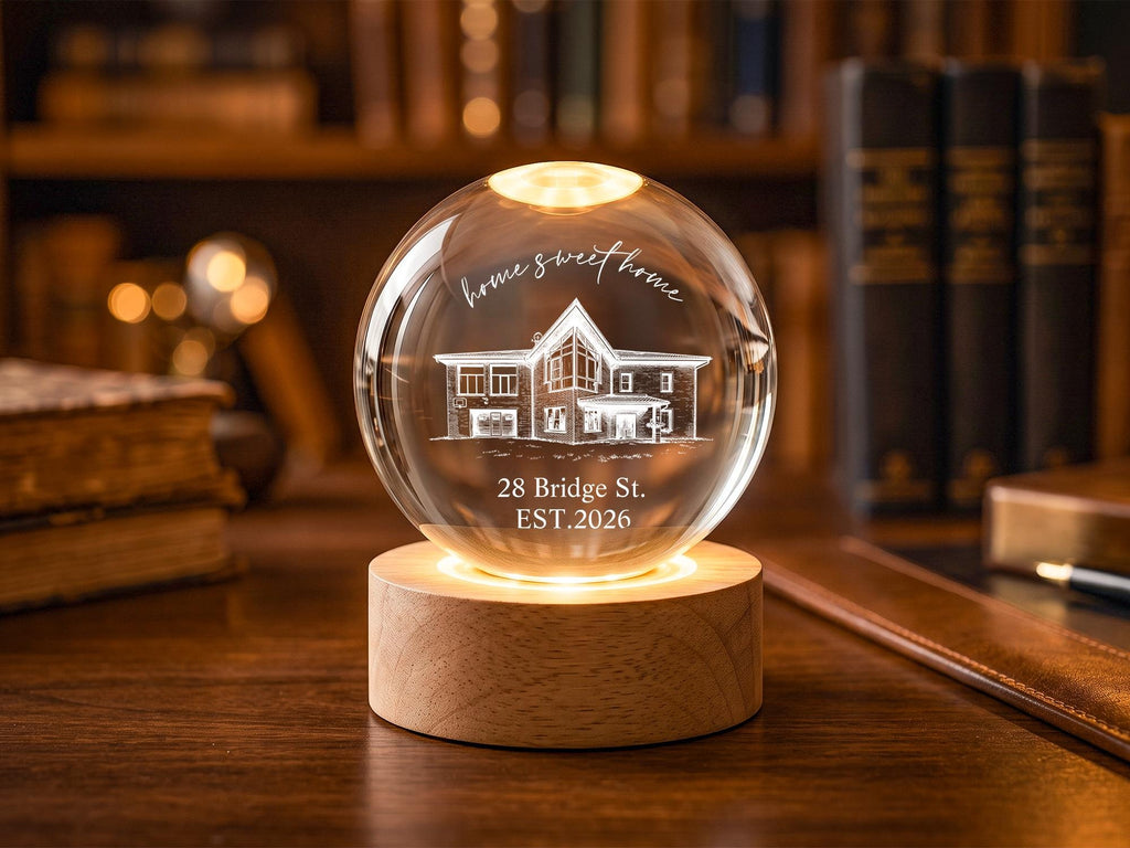 Personalized New Home Crystal Ball Lamp, Custom House Portrait Night Light, Sweet Home Gift, Realtor Closing Gift, Housewarming Keepsake