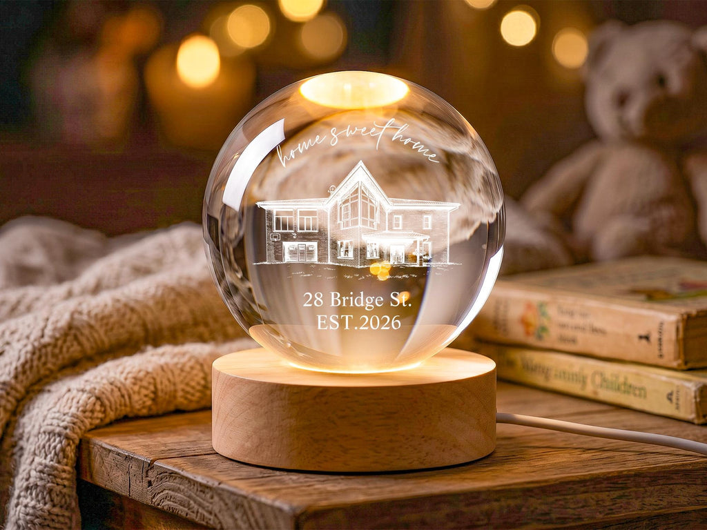 Personalized New Home Crystal Ball Lamp, Custom House Portrait Night Light, Sweet Home Gift, Realtor Closing Gift, Housewarming Keepsake