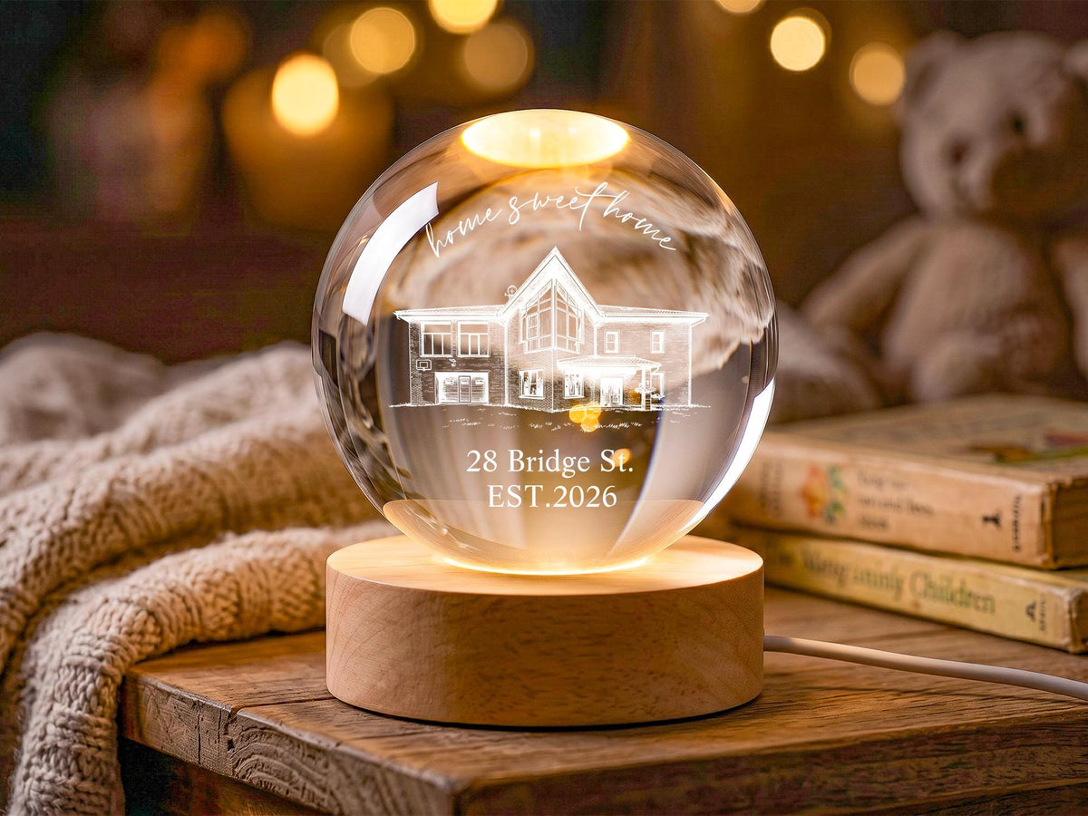 Personalized New Home Crystal Ball Lamp, Custom House Portrait Night Light, Sweet Home Gift, Realtor Closing Gift, Housewarming Keepsake