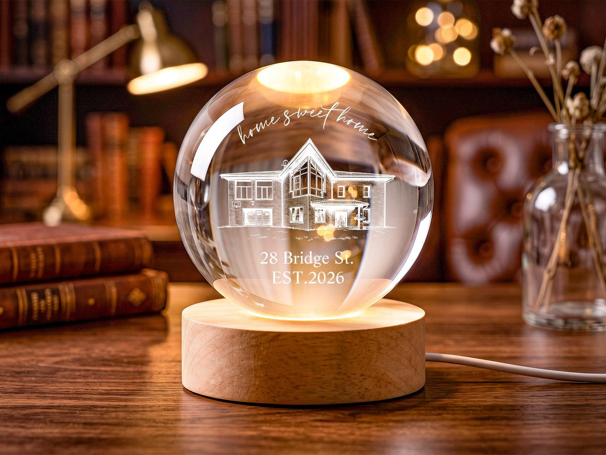 Personalized New Home Crystal Ball Lamp, Custom House Portrait Night Light, Sweet Home Gift, Realtor Closing Gift, Housewarming Keepsake